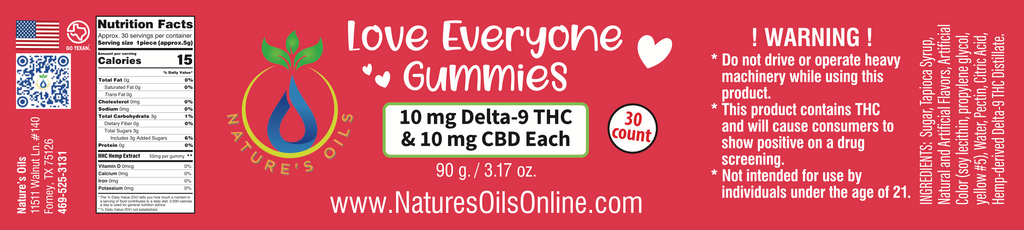 Love Everyone CBD & Delta-9 Gummies 10mg-THC, 10mg-CBD 30-count Watermelon